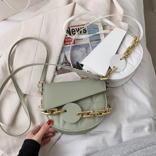 2021 Fashion Daily Use Card Crossbody Saddle Bag Vintage PU Leather Pure Color Womens Handbags with Acrylic Thick Chain