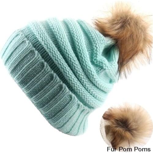 Fashion Female Fur Pom Poms Hat Winter Hat For Women Girls Warm Hat Knitted Beanies Cap Hat Thick Women Skullies Beanies