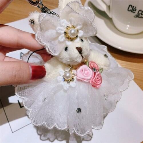 Cartoon Dress Bow Rhinestone Rabbit Keychain Plush Wedding Bear Doll Wedding Bouquet Toy Bag Pendant Jewelry Llaveros Toys