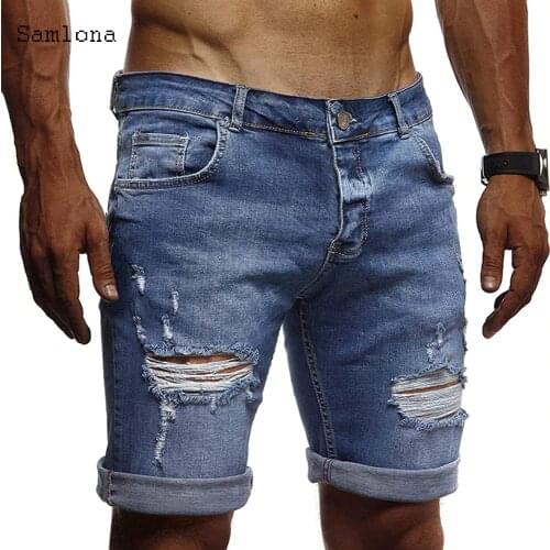 Samlona 2020 New Mens Regular- Denim Short Solid Jean Shorts Blue Pants Summer Casual Hole Zipper Mid Waist Shorts Men