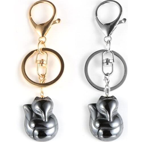 Natural Black Hematite Fox Pendant Health Care Key Ring Alloy Lobster Clasp Animal Charm Dengling Keychain Keyrings Jewelry