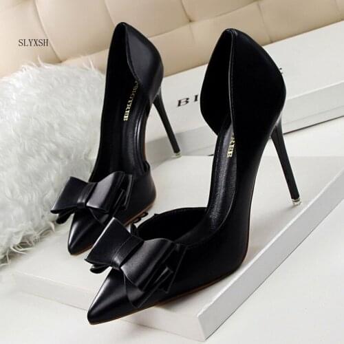 New Fashion Women Pumps Sexy High Heels Wedding Shoes Solid Pointed Toe Stiletto Bow Women Shoes White Ladies Shoes