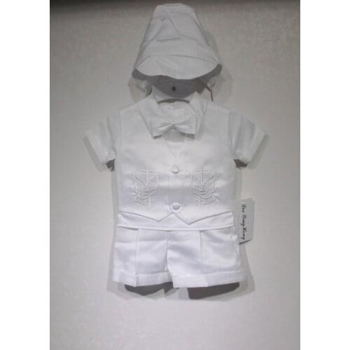 Wholesale new style baptism service for boy Embroidery clothes suit + hat , infant wedding suits newborn formal wear 4set /lot