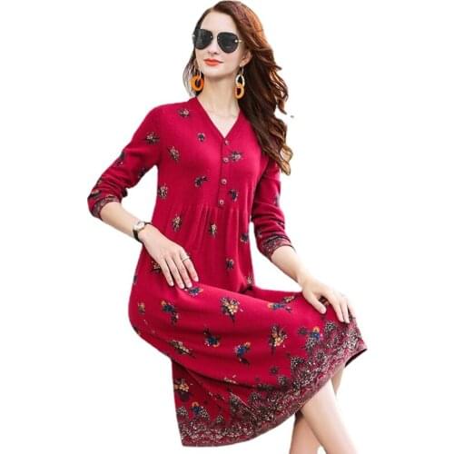 Autumn Winter 2021 New Red Wool Knitting Dress Female Loose Long Hair Dress Knee-length Dress