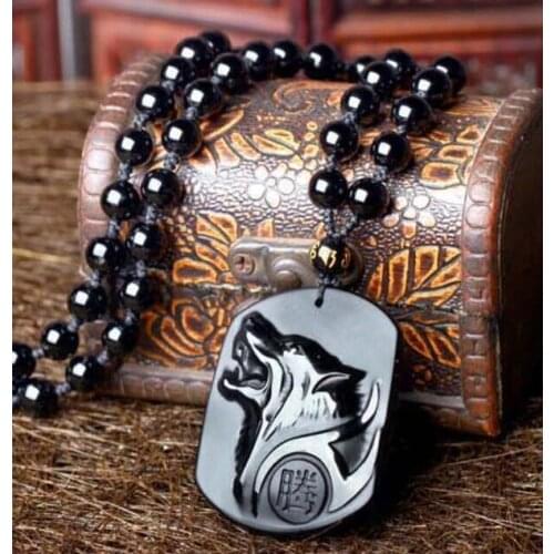 Obsidian Stone Wolf Design Pendant Necklace,hip-hop Wolf Totem Pendant Jewelry For Wolves Lover