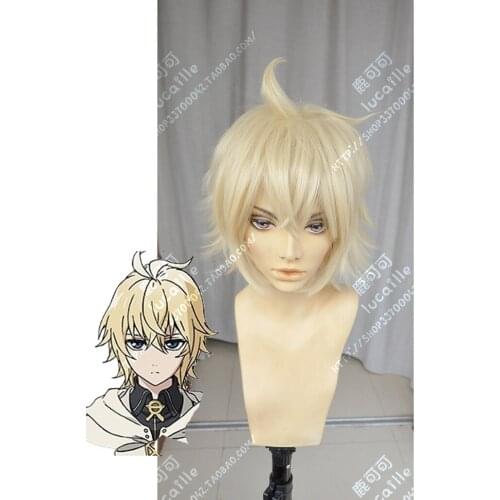 Anime Seraph of the End Mikaela Hyakuya Cosplay Wigs Golden Light Milk Heat Resistant Synthetic Hair Wig + Wig Cap