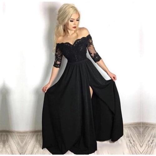 Off The Shoulder Prom Dresses With Half Sleeves Front Split Black Vestidos de formal Prom Gowns Women Formal Prom Party Dresses