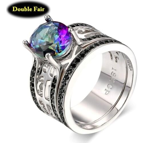 Luxury Black Cubic Zirconia Ring Sets Silver Color Crystal For Women & Men Party Fashion Jewelry Wholesale DWDD046