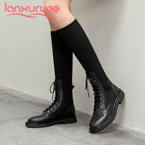 Lanxuryee sock boots real cow leather knitting patchwork preppy style round toe thick low heel lace up dress knee high boots L90