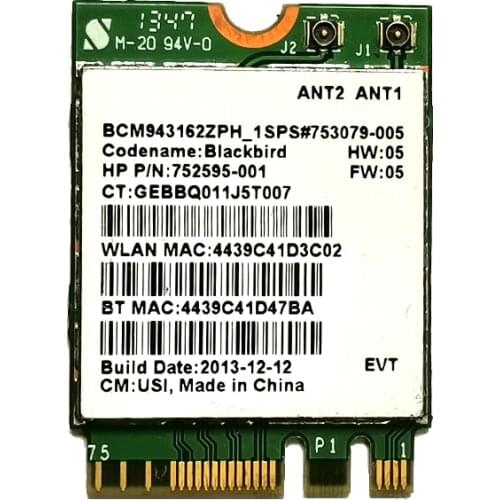 Broadcom BCM943162ZP BCM943162 433Mbps 802.11ac a/b/g/n NGFF dual band 2.4G+5G wifi wireless network card HP P/N 752595-001