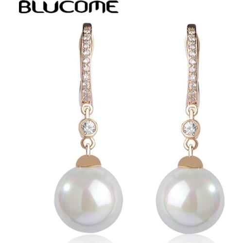 Blucome Elegant Bridal Rhinestones Earrings Long Drop Women Simulated Pearl Dangle Earring For Wedding Oorbellen Copper Jewelry