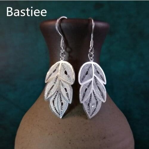 Bastiee 999 Sterling Silver Women Jewelry Luxury Drop Earrings Leaf Hmong Handmade Jewerly Plant Vintage jewelery Generic Brand