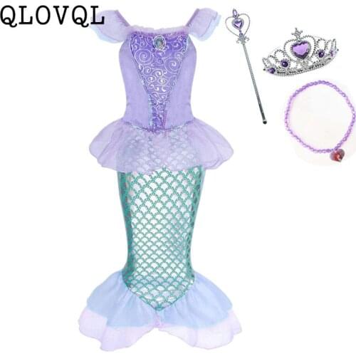 QLOVQL Little Mermaid Ariel Costume Girls Dress Up Halloween Shiny Sequin Mermaid Tails Party Dress with Crown Necklace