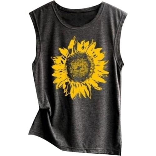 Plus Size Casual Women Summer Sleeveless Sunflower Print Loose Vest Top Clothes