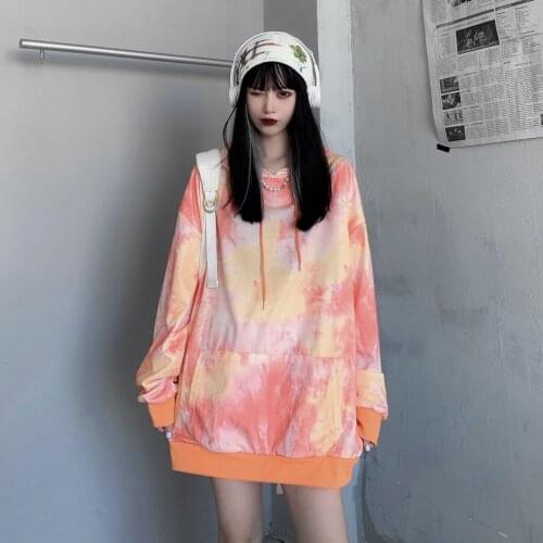 Winter Womens Hoodie Sweatshirt Mid-length Spring And Autumn Loose Korean Style Thin Top Harajuku Vintage High Street Tie-dye