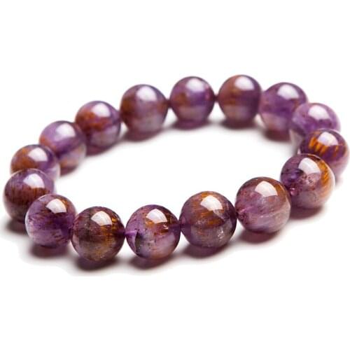 13mm Natural Purple Gold Titanium Cacoxenite Rutilated Quartz Crystal Transparent Round Beads Stretch Charm Bracelet Femme