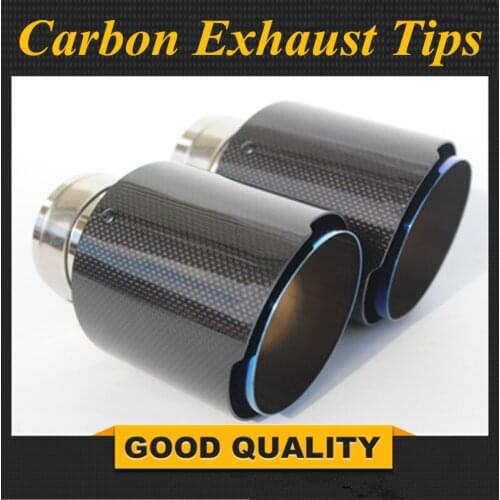 2 Pcs: IN63mm OUT101mm NEW Model Glossy Carbon Fiber + Blue Stainless Steel For AK Car Carbon Exhaust Tips Tail Pipes