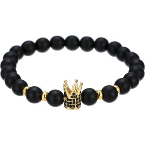 2020 Wholesale Matte Onyx Round Bead Connected Charm Crown Paved Crystal Cz Copper Slice Bead Unisex Bracelet Handmade For Gift