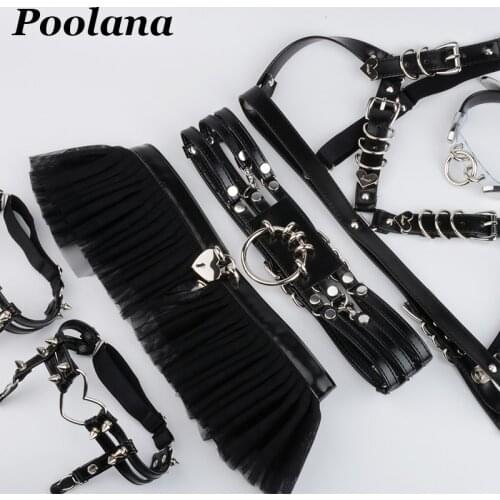 1SET=6pc Cosplay Outfit Lolita Kawaii Choker Collar Harness PU Leather Bra Top Waist Belt Tutu Ruffle Studded Garter Belts