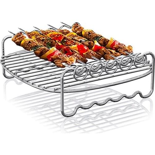 7 Inch Double Grill Air Fryer Accessories Baking Tray Skewers Stainless Steel Holder BBQ Rack For Home Kitchen Tools