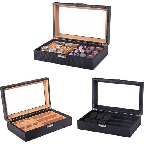 Large 6 Slots Wrist Watch 3 Glasses Lattice Pu Leather Storage Box