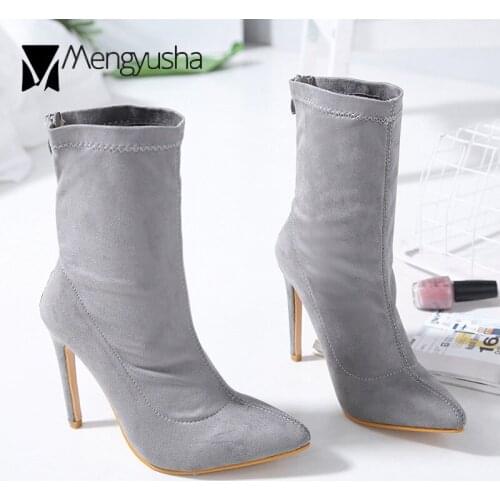 Plus Size 35-42 stretch sock boots women flock slim mid-calf booties winter shoes pointed toe stiletto high heels chelsea botas