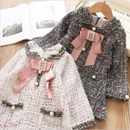 Brand Girls Dress 2019 Autumn Winter Kids Plaid Dress Bow Pearl Pocket Girls Princess Dress High-grade Clothes Toddler