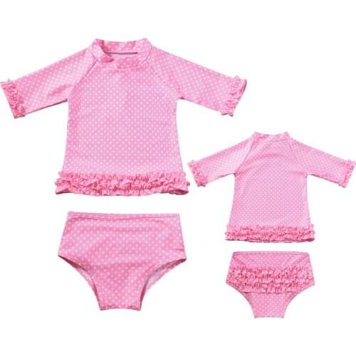 Kids Girls Swimwear Outfits 2Pcs Half Sleeve Swimsuit Tankini Dot Ruffle Top with Shorts Childrens Rash Guard Bathing Suit