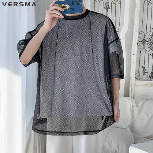 VERSNA Japanese Trendy Mesh Sexy Transparent Tshirt Men Women Summer Vintage Short Sleeve BF Oversized T-shirt Male Dropshipping