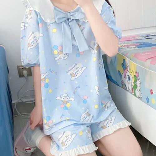 Summer Pajamas Set For Women Harajuku Girls Kawaii Print Homewear Big Ear Dog Peter Pan Collar Pijama Anime Party Nightgown