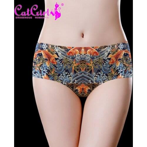 Fashion brand personalized printing underwear traceless underwear womens ice silk middle waist underwear mesh red sexy briefs