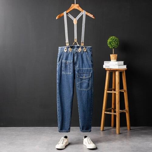 Mens Vintage England Style Blue Striped Overalls Full Length Pants Casual B2