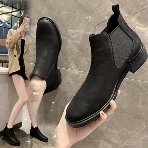 2021 NEW Boots Women Winter Short Plush Ankle Boots Chunky Winter Shoes PU Boots Fashion Platform Booties Black