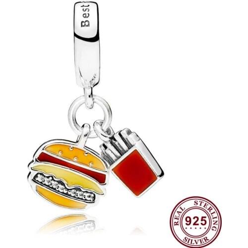 Original 925 Sterling Silver Charm New French Fries Hamburger String Pendant Fit Pandora Women Bracelet & Necklace Diy Jewelry