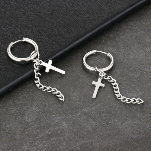Punk Cross Earrings for Unisex Women Men Stainless Steel Hoop Earring Long Tassel Chain Earing Korean Style Jewelry Gifts