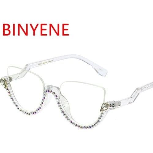 Clear Rhinestone Glasses Frame Ladies Anti Blue Light Computer Eyewear Optical Spectacle Eyeglass Vintage Half Frame Glasses