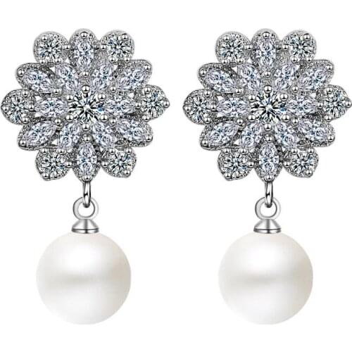 Luxury Crystal Flower Pearl Drop Earrings Female Jewelry Trendy silver 925 Women Earring Silver Bijou Princess Christmas Gift