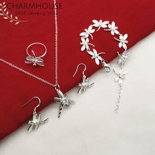 Silver 925 Jewelry Sets For Women Lady Dragonfly Bracelet Necklace Earrings Ring 4pcs Set Party Accessories Wholesale Gifts
