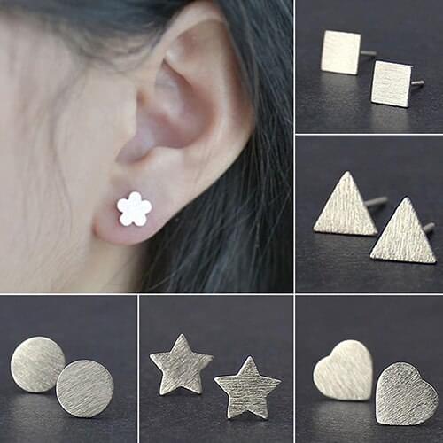 Sterling Tiny Matt Brushed Surface Heart Star Ear Stud Earrings C7WE