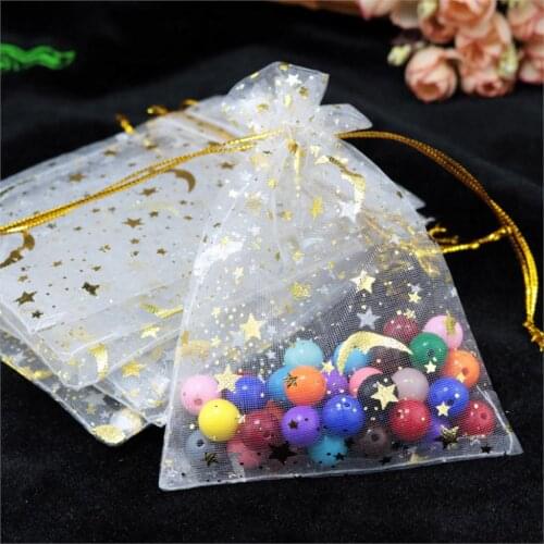 DoreenBeads Universe Alien Series Bronzing Jewelry Bag Star Moon Pattern Organza Bag Drawstring Bags 12cm x9cm , 20 PCs