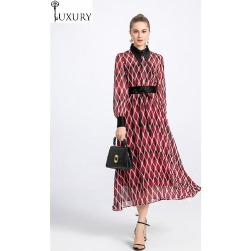 Spring Newest Fashion 2020 Summer Women Turn-down Collar Geometric Print Color Block Belt Deco Long Sleeve Dress Maxi