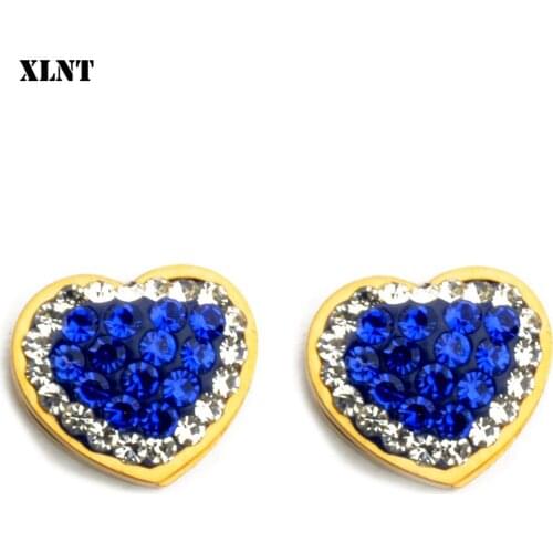 XLNT Luxury Female Blue Crystal Stud Earrings Fashion Stainless Steel Small Heart Earrings For Women Vintage Wedding Jewelry