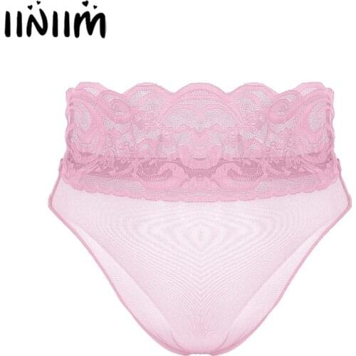 Womens Ultra-Thin Fetish Sexy Femme Panties See Through Sheer Mesh Sissy Lingerie Elastic With Lace Waistband Briefs Underwear