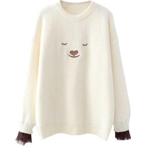 Harakuju Cartoon Embroidery Casual Women Knittd Pullovers Sweaters 2020 Winter Long Sleeve O-neck Basic Girly Sweet Style Top