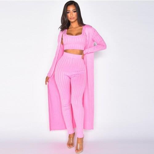 Spring Autumn Womens Tracksuit Knitted Suit Stretchy Tank Crop Top+pencil Legging Pant+full Sleeve Extra-long Cardigan Outfits