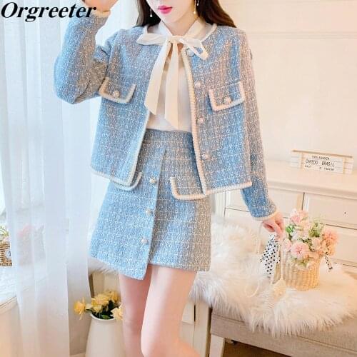 Elegant Blue/Black Tweed Suits for Women High quality Pearl Button Embroidery Short Coat Irregular Skirts Two piece Crop Top Set