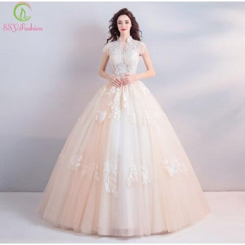 SSYFashion New Wedding Dress Elegant High-neck Light Champagne Lace Appliques Beading Floor-length Wedding Gown Vestido De Noiva