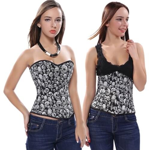 S-6XL Vintage Skull Corsets and Bustiers Overbust Gothic Corselet Burlesque Women Halloween Party Club Wear Tops