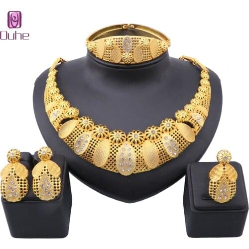 Dubai Gold Color Crystal Jewelry Sets For Women Necklace Earring Italian Bridal Wedding Accessories Jewelry Sets