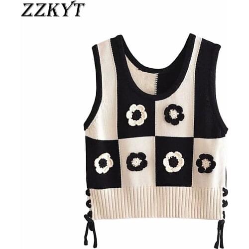 ZZKYT 2021 Women Summer Fashion Floral Crochet Pullover Knitted Vest Sweater Vintage O-Neck Sleeveless Female Waistcoat Chic Top